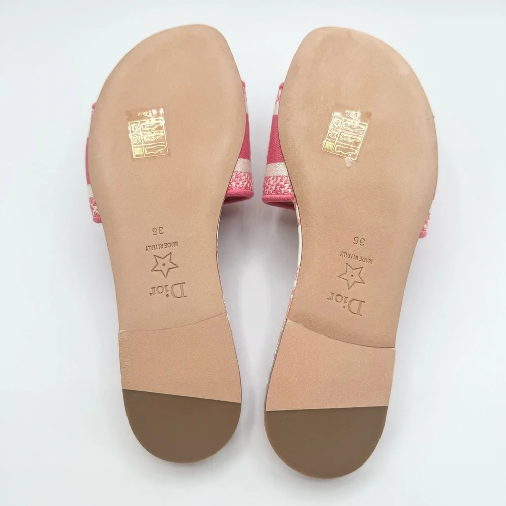 NEW Dior Pink White Dway Toile Embroidered Canvas Flat Slide Sandals Shoes